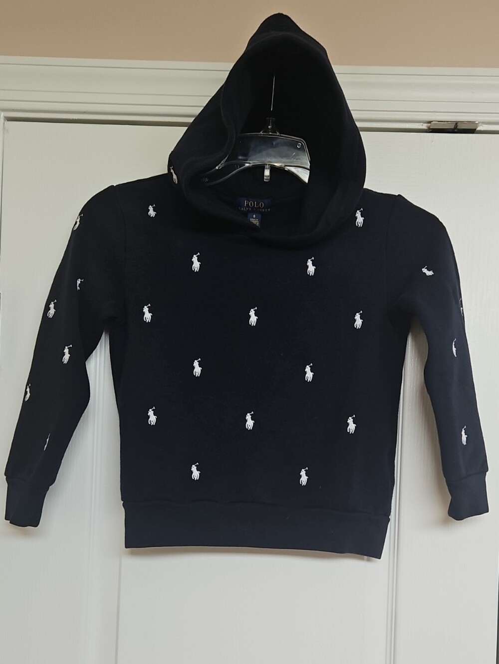 Youth Polo Ralph Lauren Navy Blue Hoodie with all over logo Pullover size 6